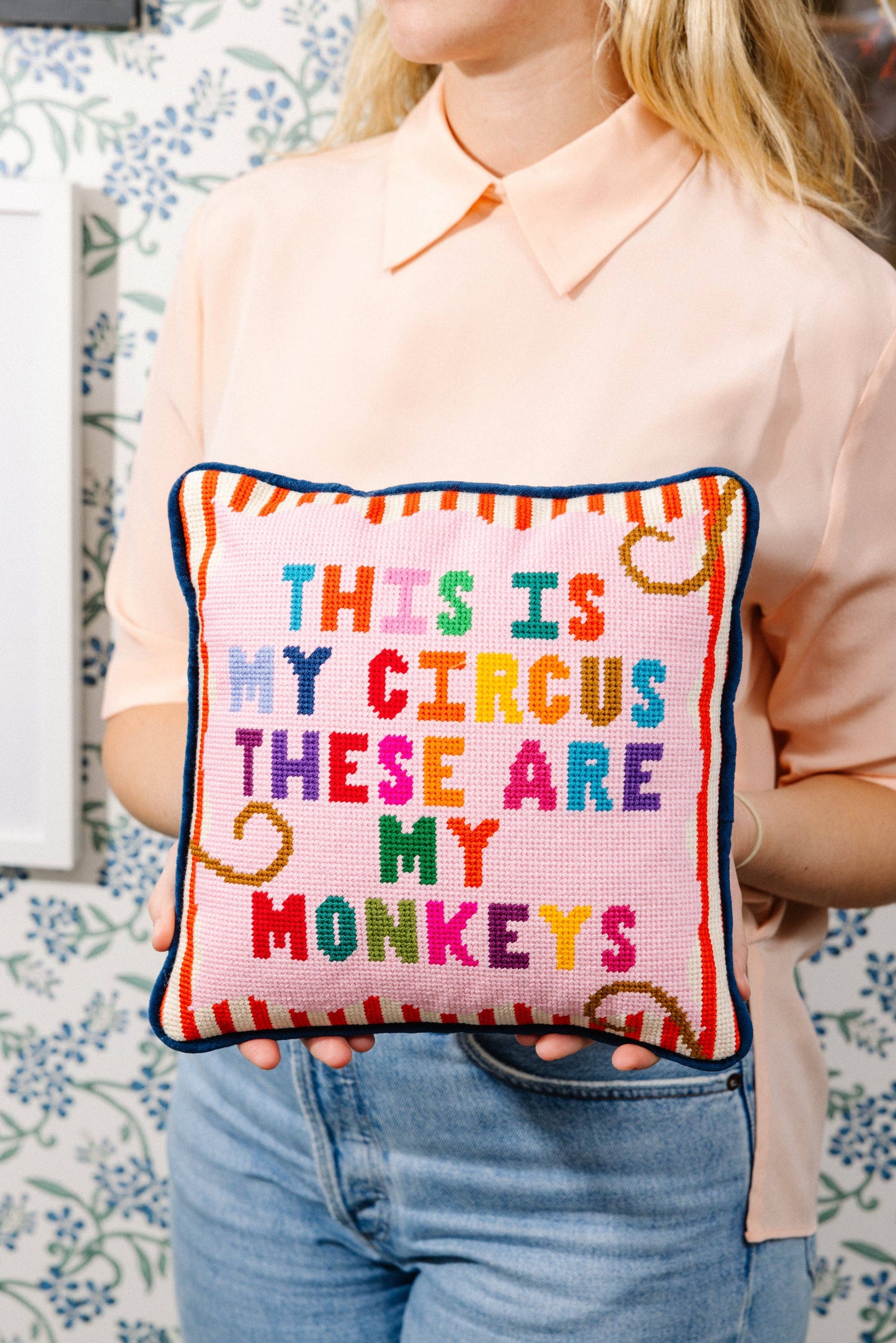 My Circus My Monkeys Needlepoint Pillow