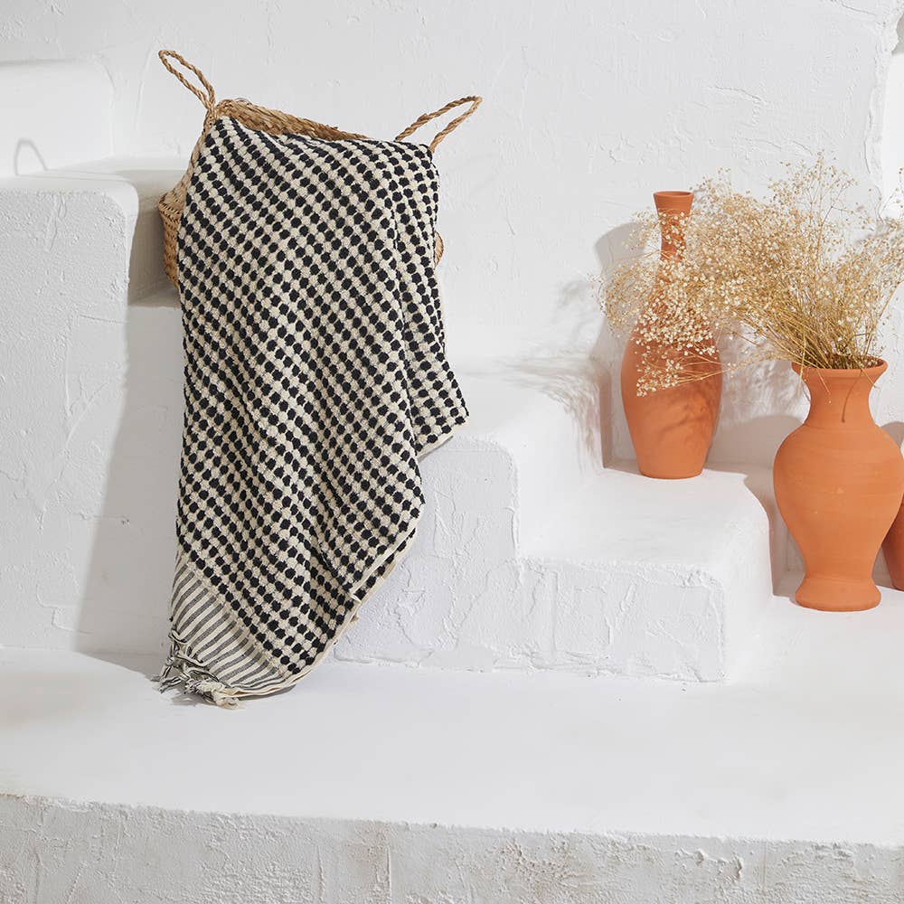 Pompom Bubble Bath Towels in Black and Creme