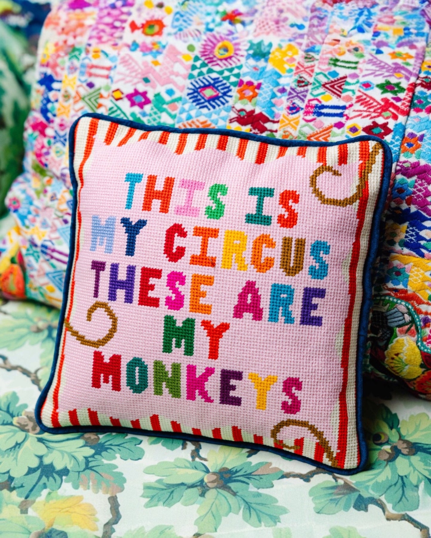 My Circus My Monkeys Needlepoint Pillow