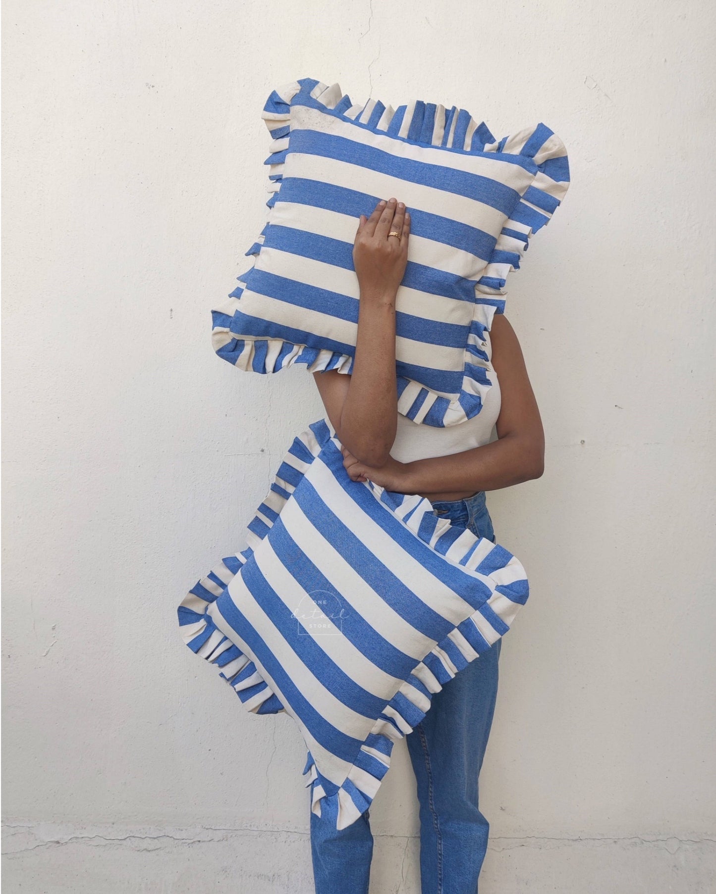Ruffle Cushion Cover in Denim Stripe
