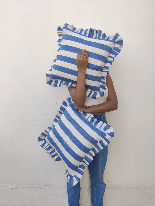 Ruffle Cushion Cover in Denim Stripe