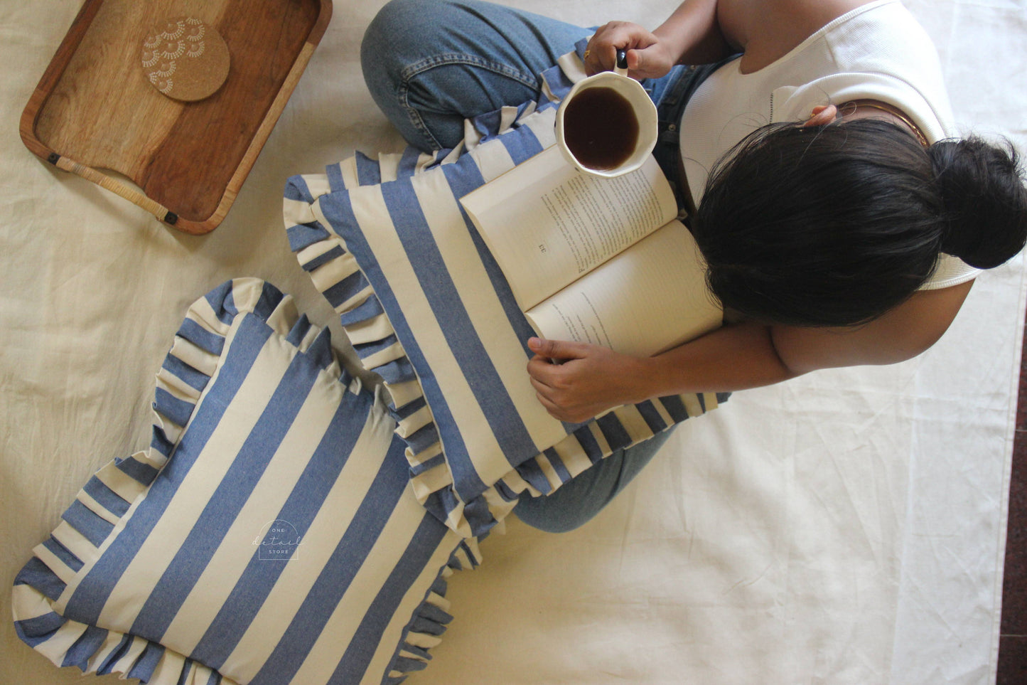 Ruffle Cushion Cover in Denim Stripe