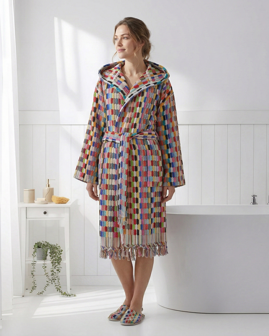 Woman wearing a colorful checkered robe in a bathroom.