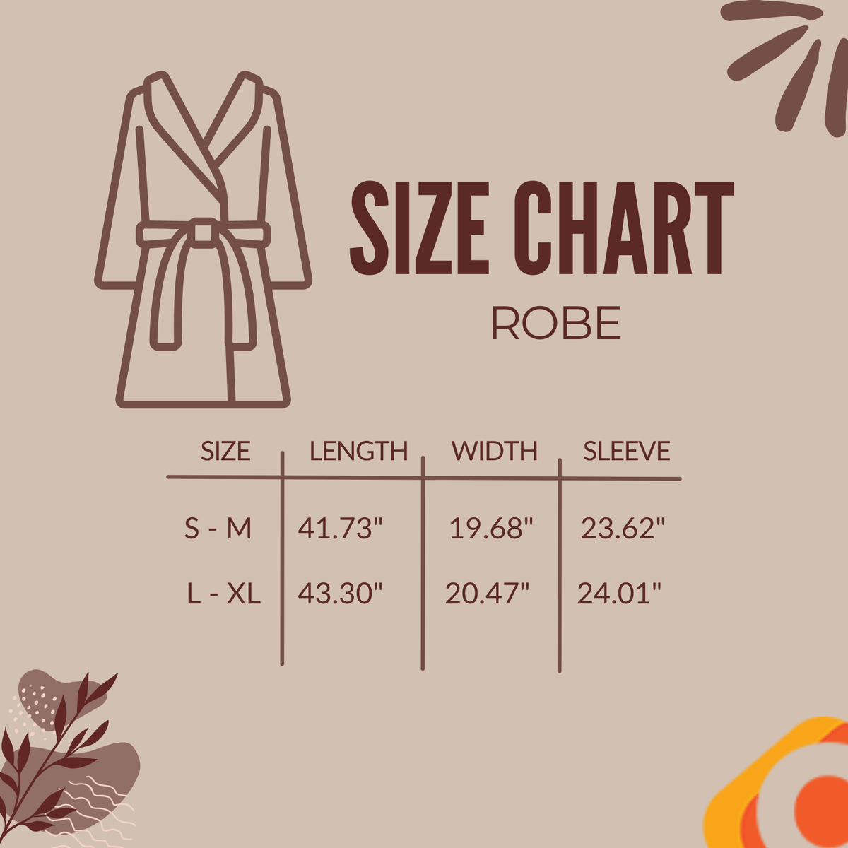 Size chart for robes on a beige background with decorative elements.