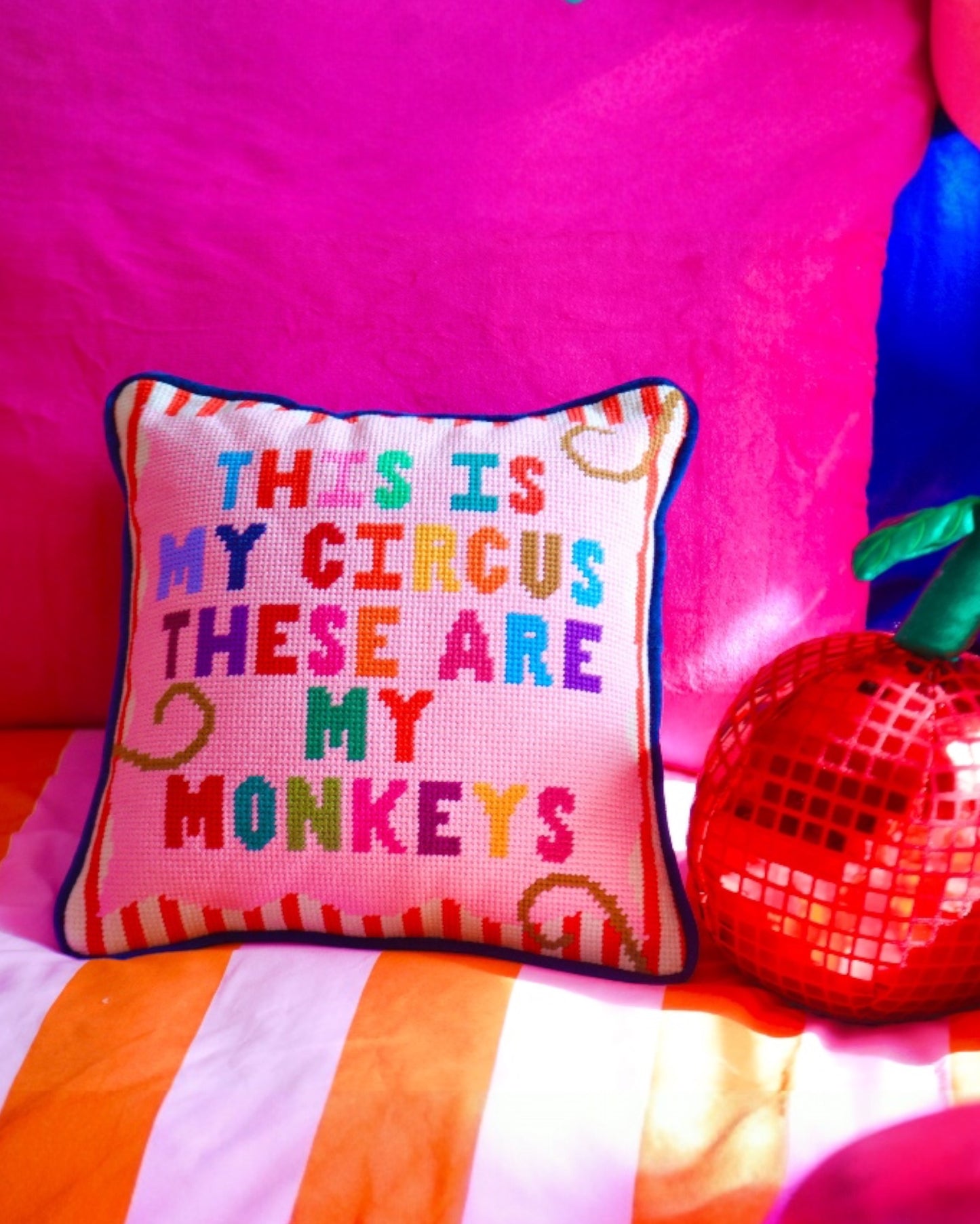 My Circus My Monkeys Needlepoint Pillow